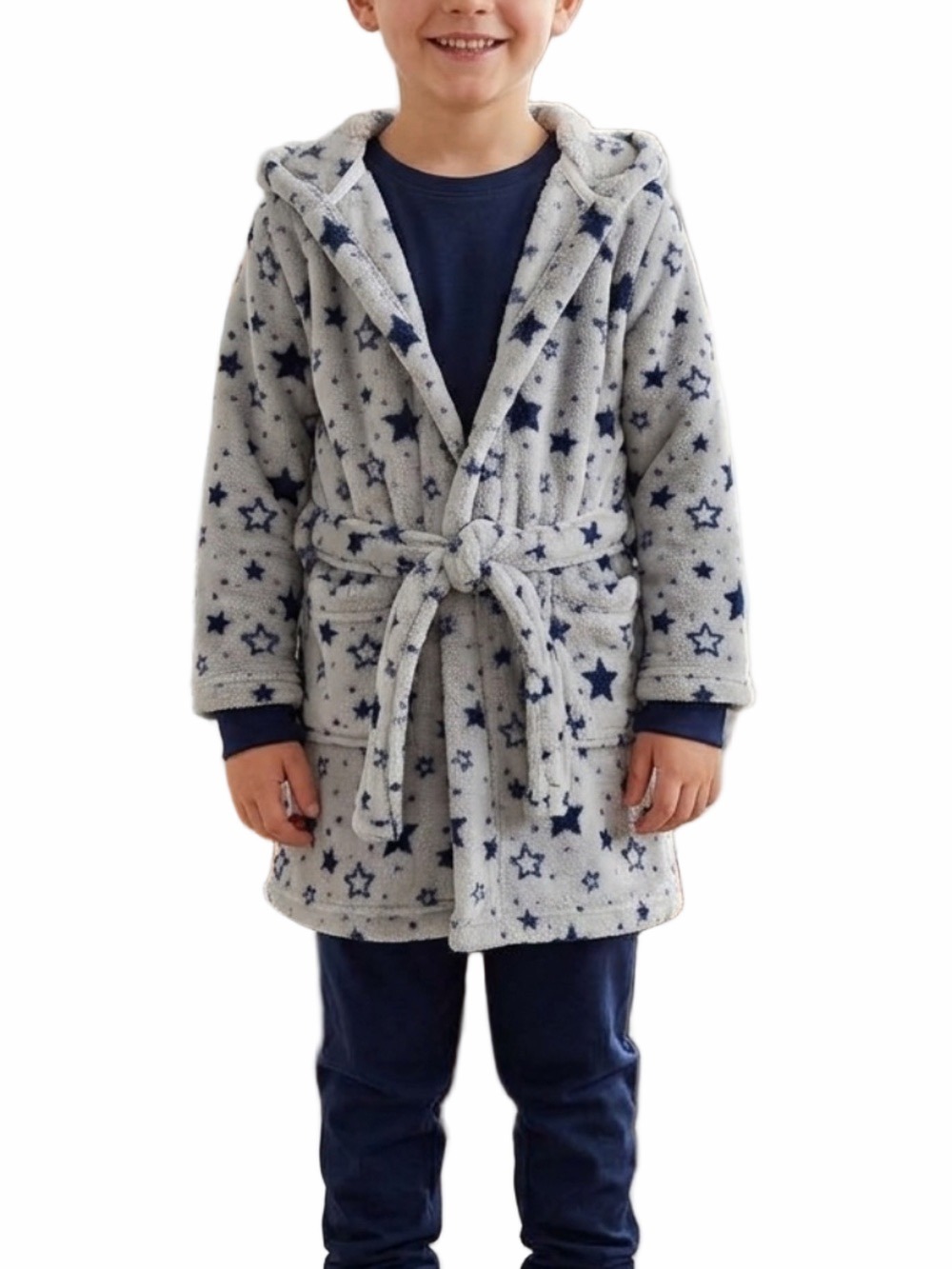 INDIGO kids grey navy blue star hooded plush belted bath robe 6-8